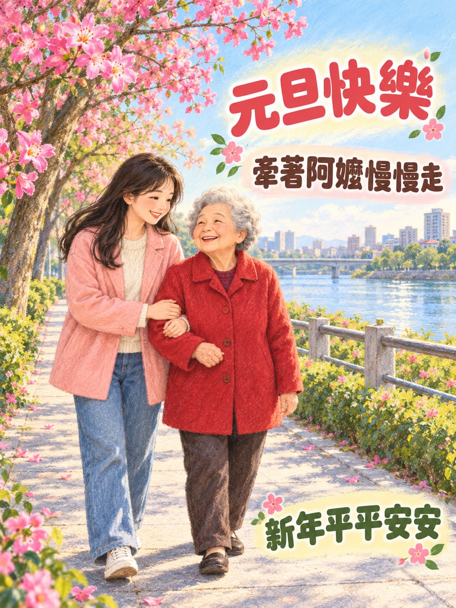 牽著阿嬤慢慢走。圖中文字：元旦快樂，牽著阿嬤慢慢走，新年平平安安