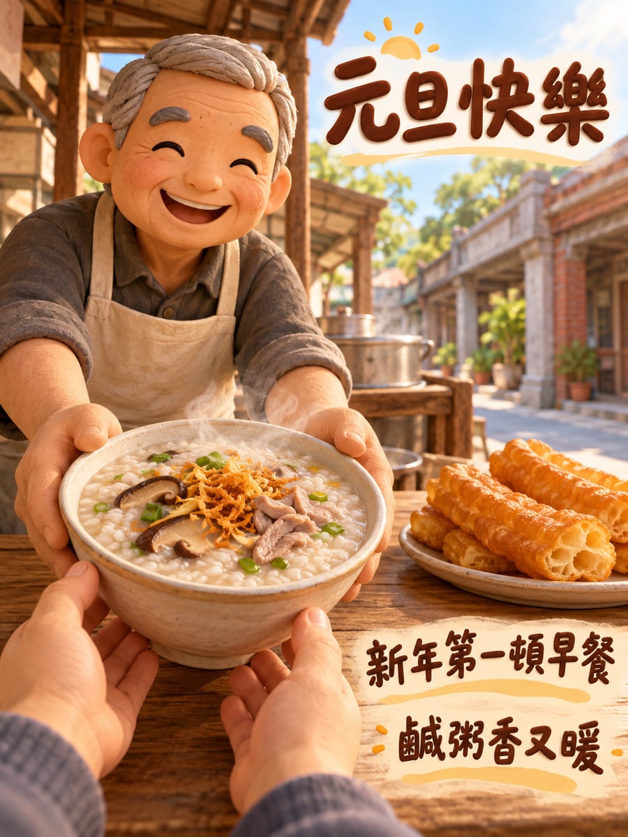 新年第一頓早餐。圖中文字：元旦快樂，新年第一頓早餐，鹹粥香又暖