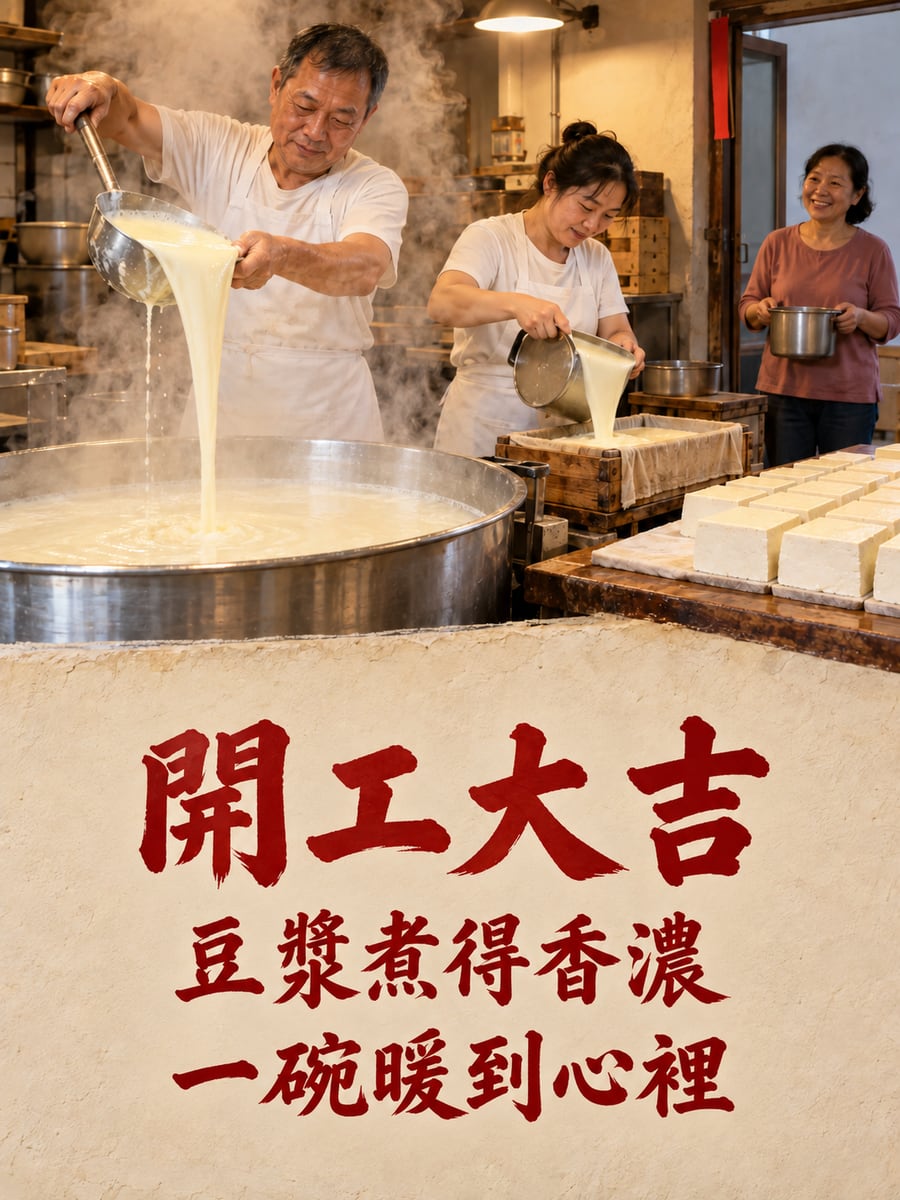 豆腐坊的豆漿蒸氣。圖中文字：開工大吉，豆漿煮得香濃，一碗暖到心裡