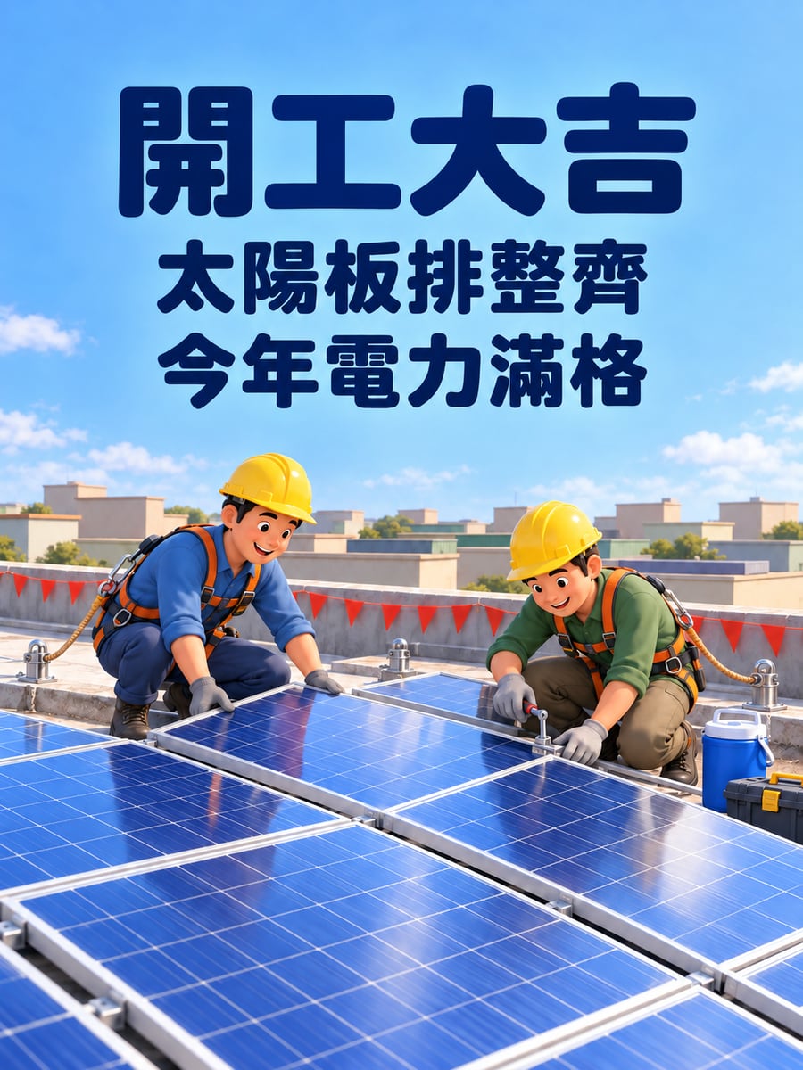 屋頂上的太陽能板。圖中文字：開工大吉，太陽板排整齊，今年電力滿格