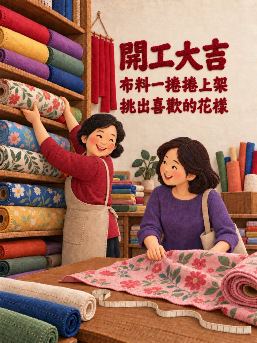 布行排好整捲花布。圖中文字：開工大吉，布料一捲捲上架，挑出喜歡的花樣