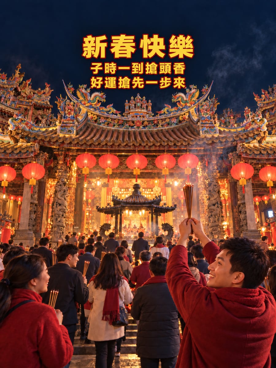 北港朝天宮搶頭香。圖中文字：新春快樂，子時一到搶頭香，好運搶先一步來