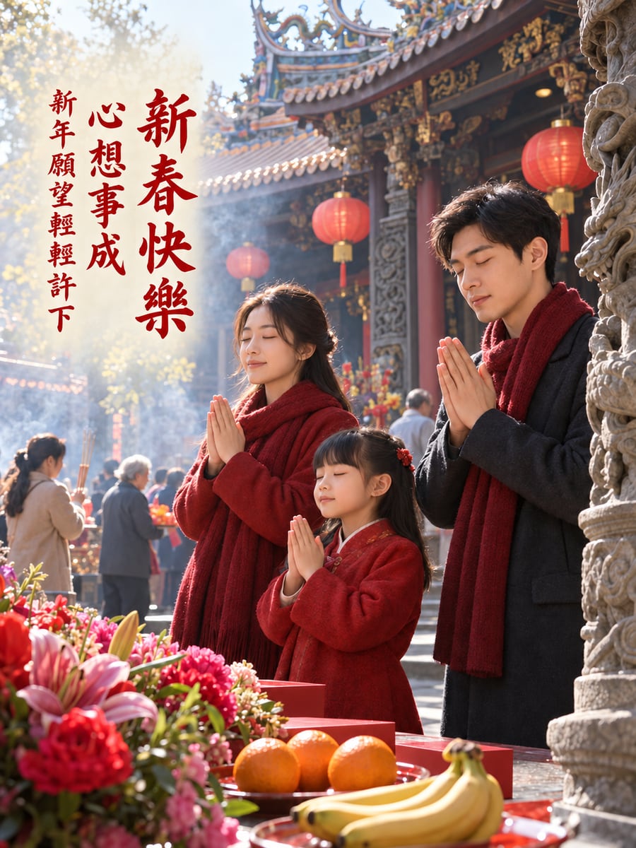 龍山寺一家許願。圖中文字：新春快樂，心想事成，新年願望輕輕許下