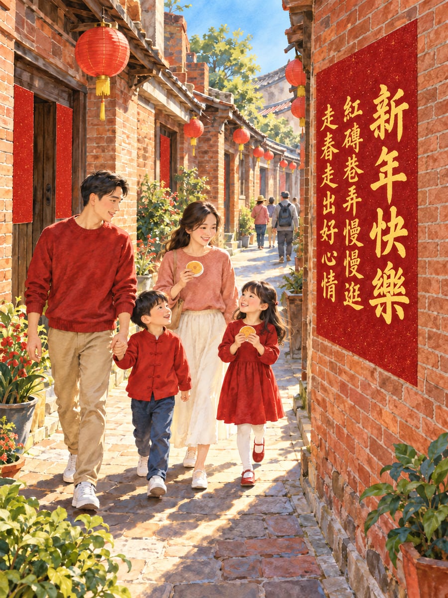 水彩鹿港紅磚巷走春。圖中文字：新年快樂，紅磚巷弄慢慢逛，走春走出好心情