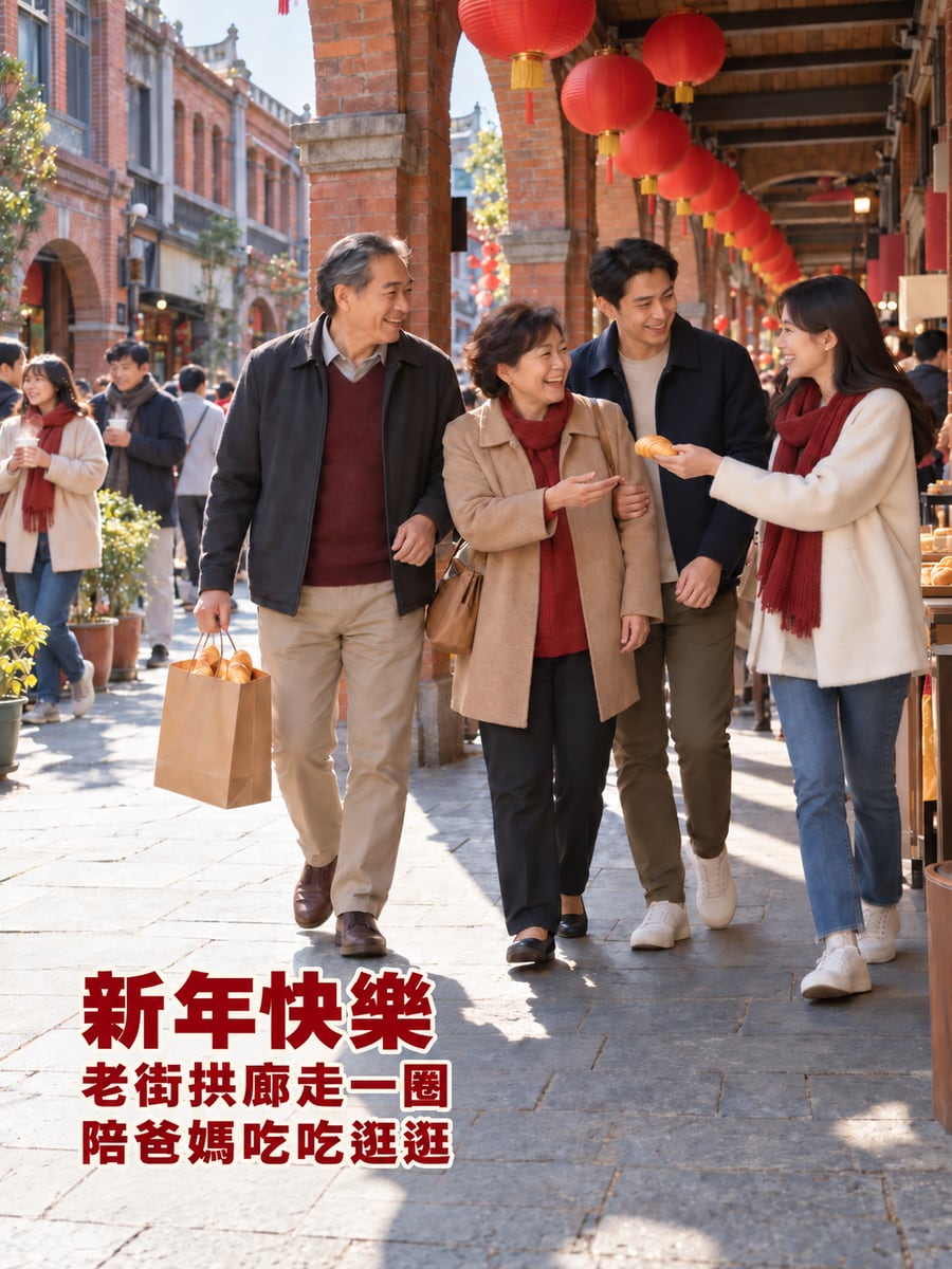 三峽老街拱廊陪爸媽走春。圖中文字：新年快樂，老街拱廊走一圈，陪爸媽吃吃逛逛