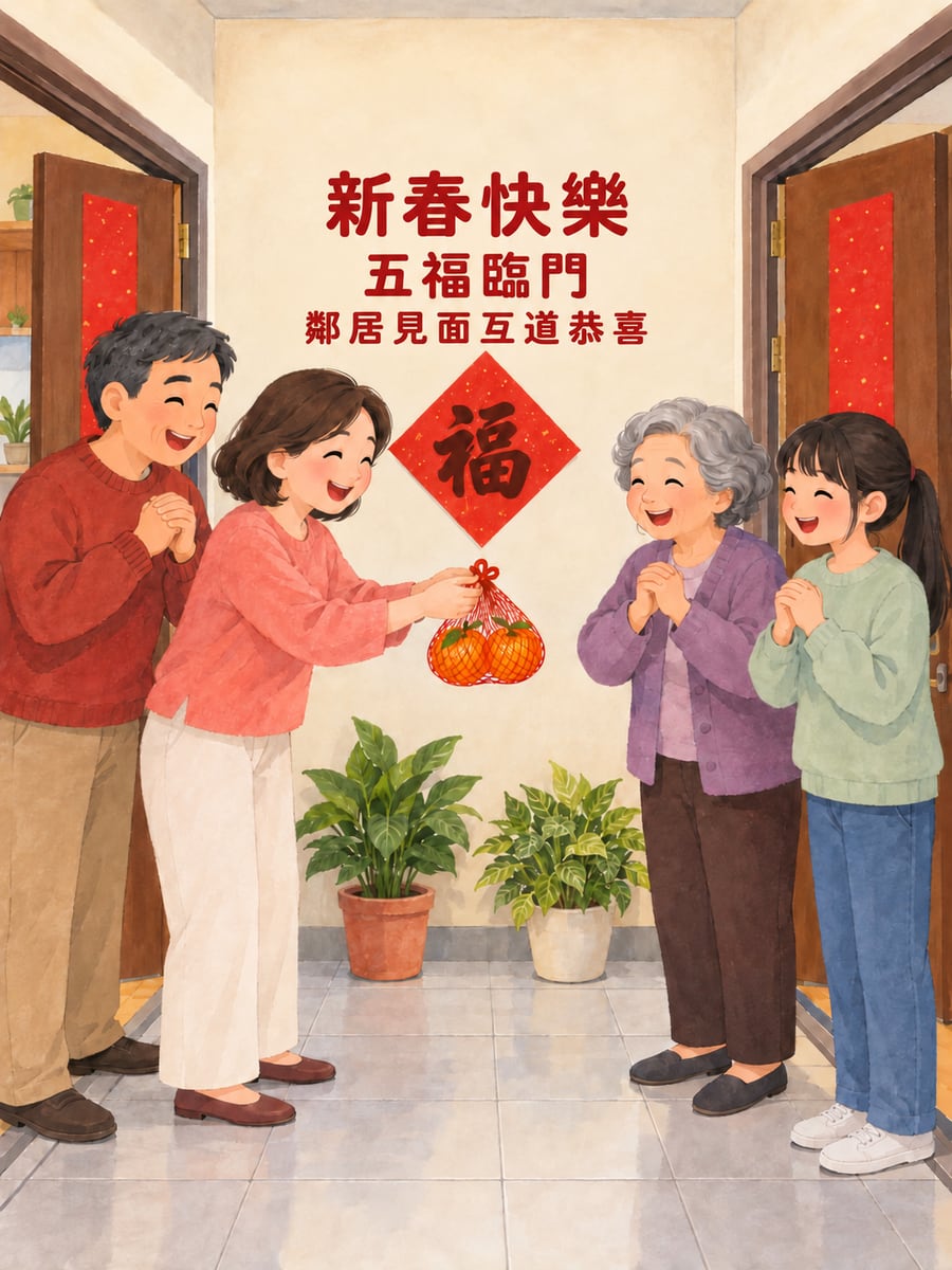 鄰居門口互相拜年。圖中文字：新春快樂，五福臨門，鄰居見面互道恭喜