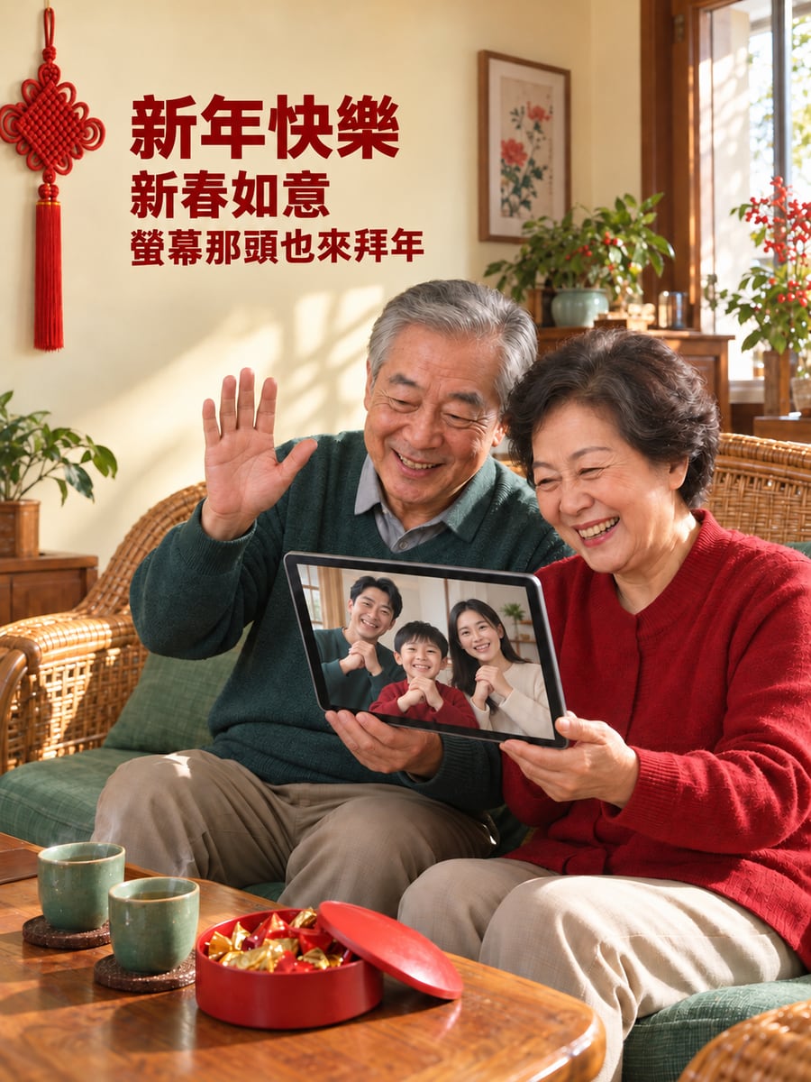 阿公阿嬤收到視訊拜年。圖中文字：新年快樂，新春如意，螢幕那頭也來拜年