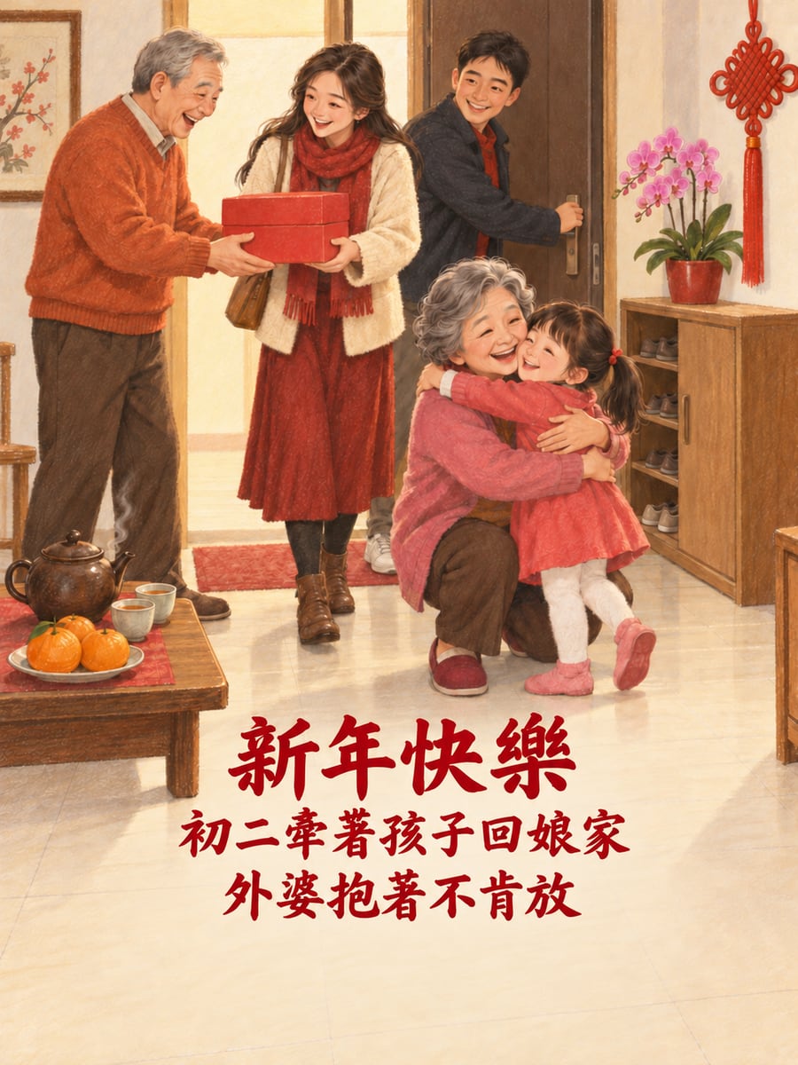 初二回娘家外婆抱孫。圖中文字：新年快樂，初二牽著孩子回娘家，外婆抱著不肯放