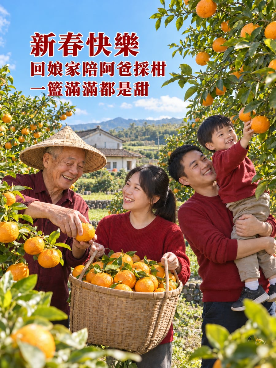 回娘家陪阿爸採柑。圖中文字：新春快樂，回娘家陪阿爸採柑，一籃滿滿都是甜