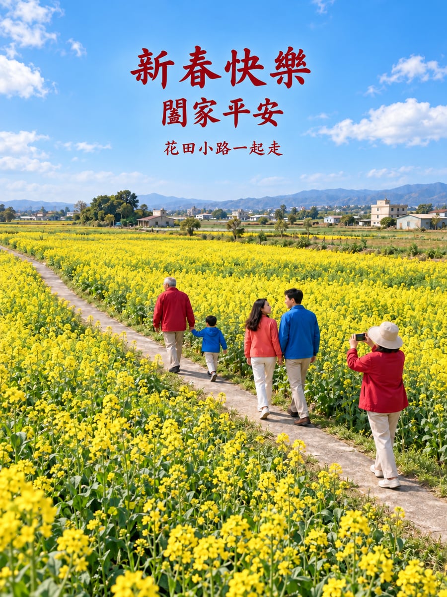 油菜花田全家走春。圖中文字：新春快樂，闔家平安，花田小路一起走