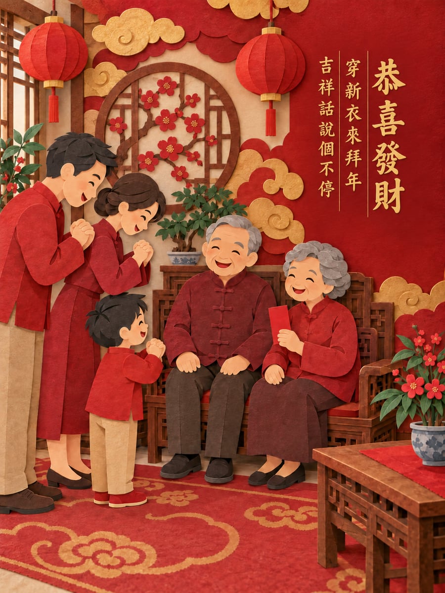 紙雕一家人拜年。圖中文字：恭喜發財，穿新衣來拜年，吉祥話說個不停