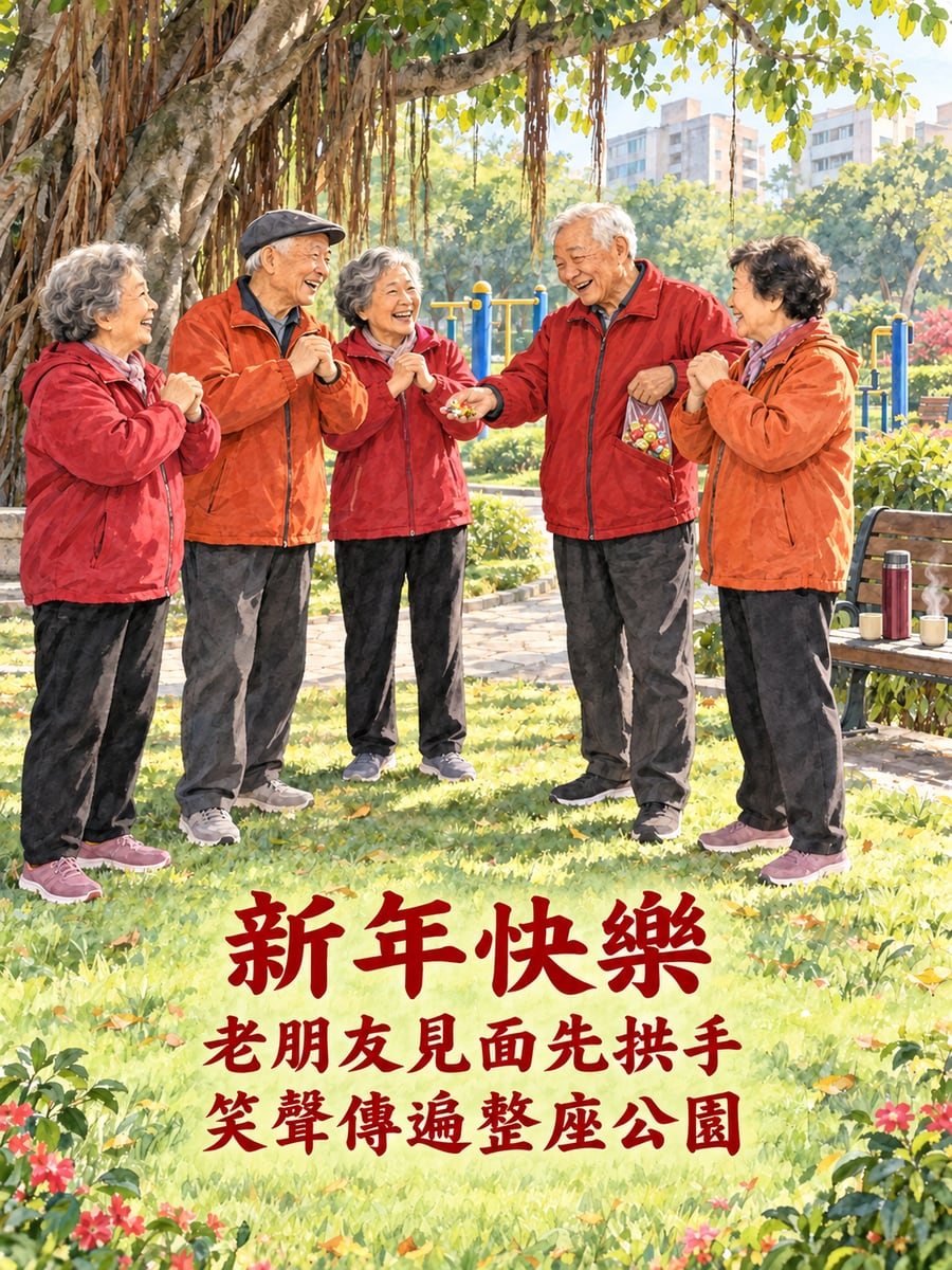 公園老朋友互相拜年。圖中文字：新年快樂，老朋友見面先拱手，笑聲傳遍整座公園