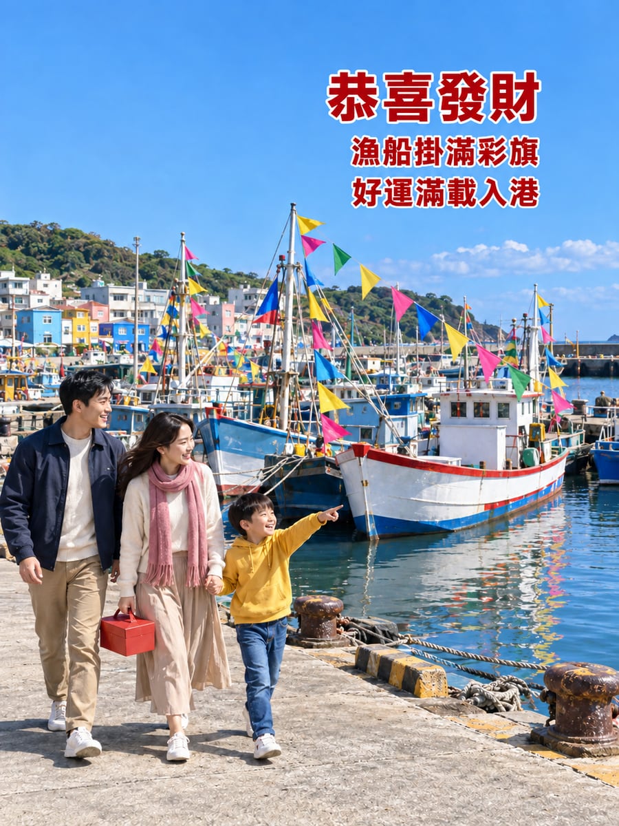 漁港彩旗走春。圖中文字：恭喜發財，漁船掛滿彩旗，好運滿載入港