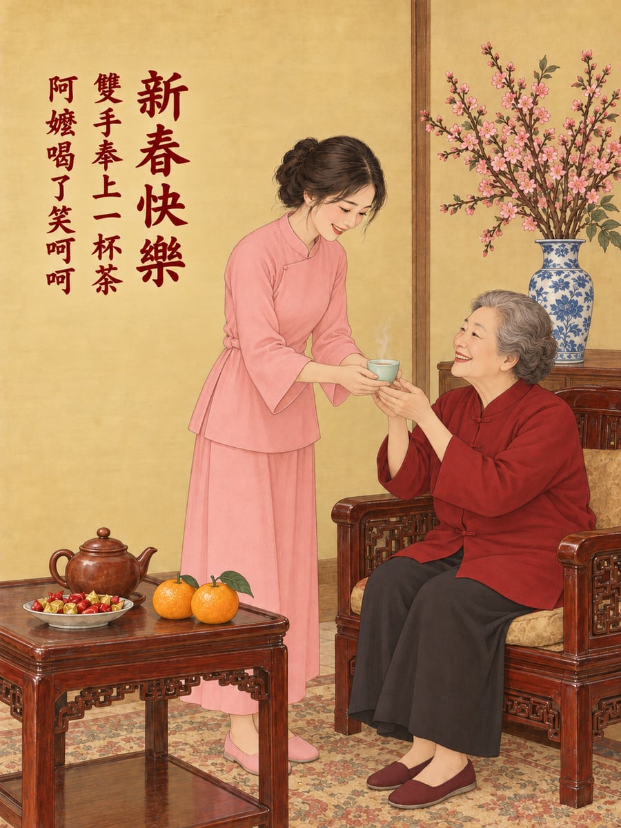 工筆奉茶拜年。圖中文字：新春快樂，雙手奉上一杯茶，阿嬤喝了笑呵呵