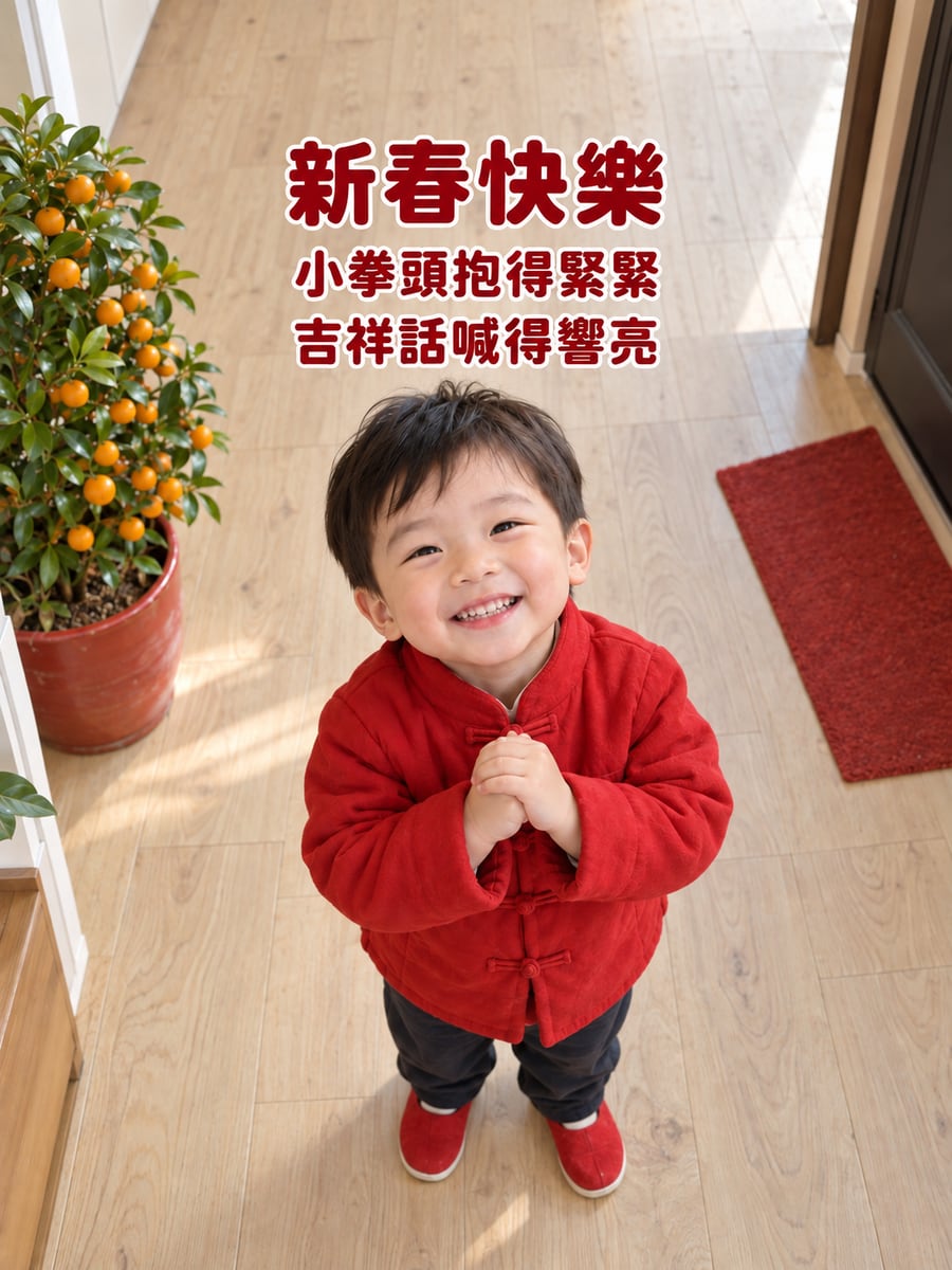 抬頭作揖的小男孩。圖中文字：新春快樂，小拳頭抱得緊緊，吉祥話喊得響亮