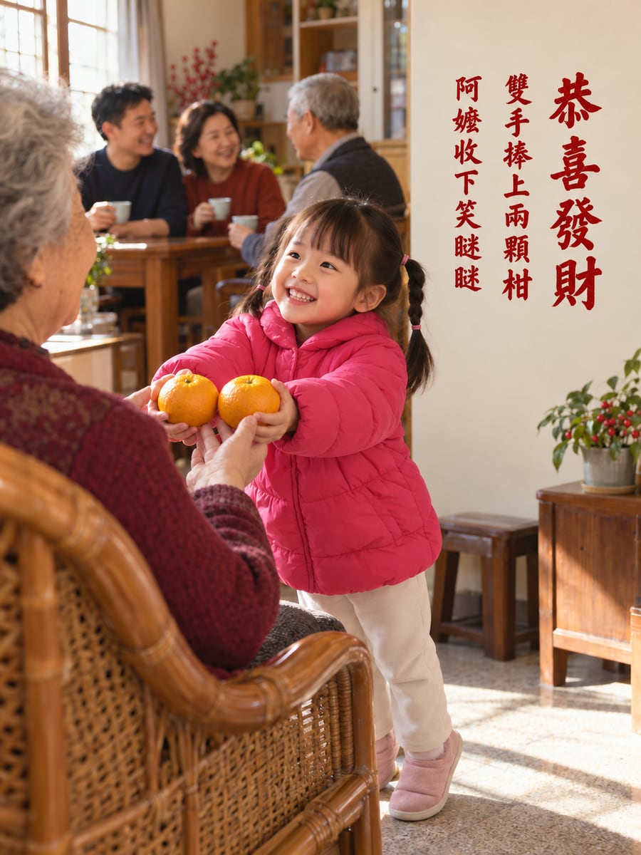 捧一對椪柑給阿嬤。圖中文字：恭喜發財，雙手捧上兩顆柑，阿嬤收下笑瞇瞇