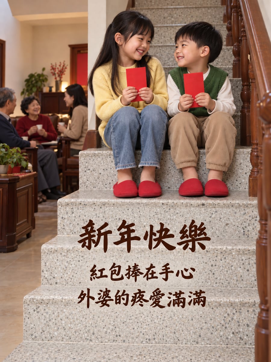 樓梯上捧紅包的姊弟。圖中文字：新年快樂，紅包捧在手心，外婆的疼愛滿滿