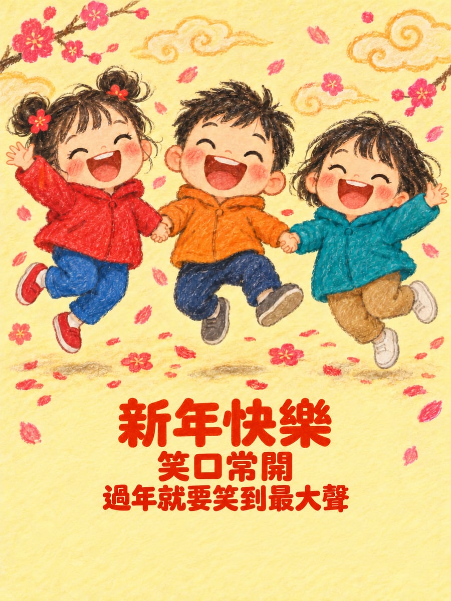 笑哈哈跳起來的小朋友。圖中文字：新年快樂，笑口常開，過年就要笑到最大聲