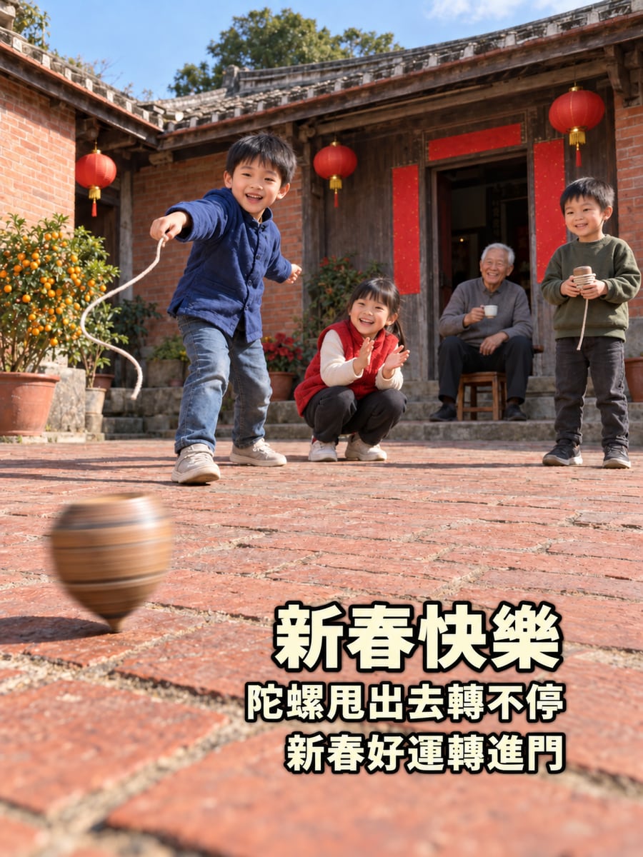 紅磚埕上打陀螺。圖中文字：新春快樂，陀螺甩出去轉不停，新春好運轉進門