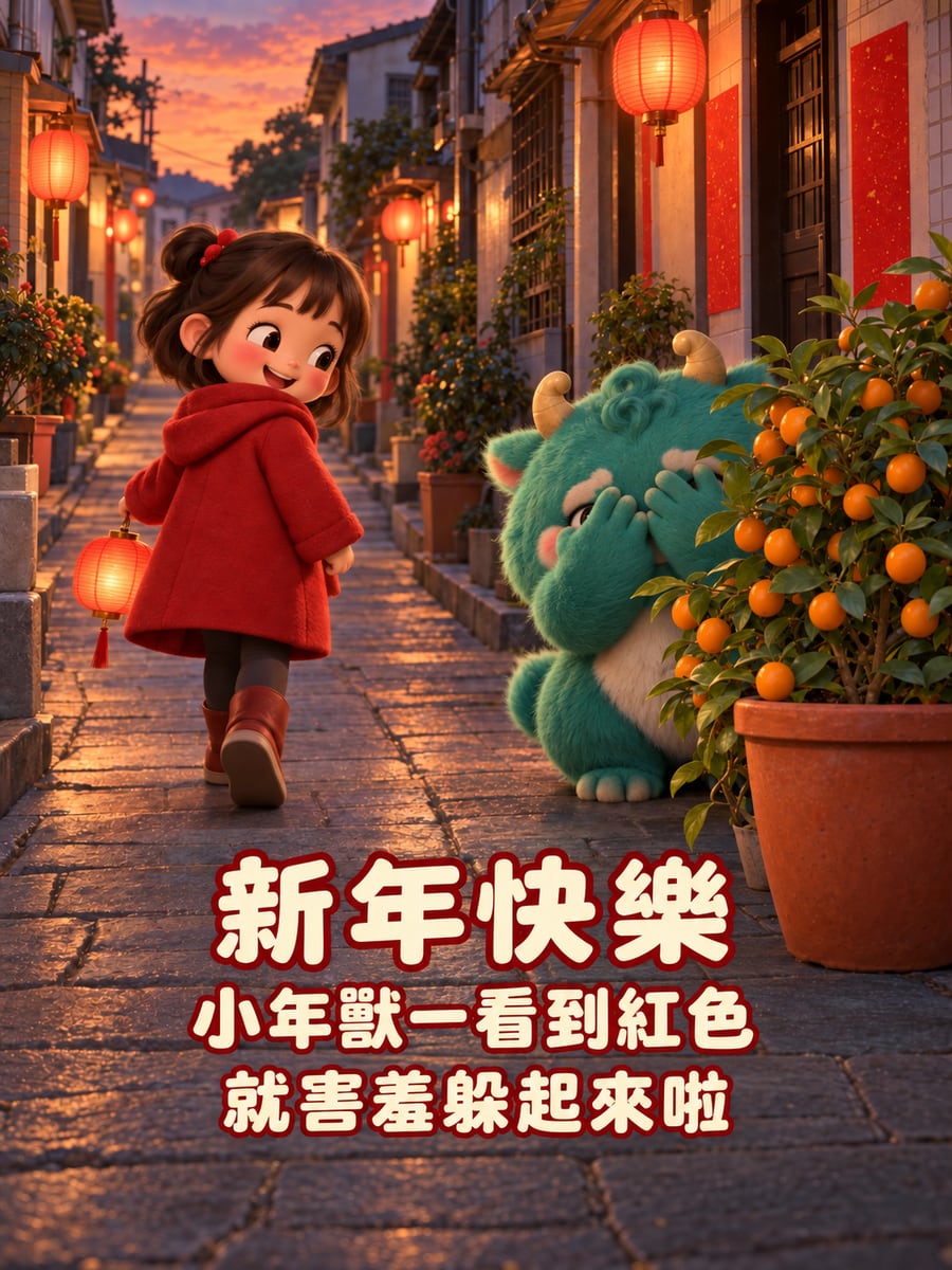 躲在金桔後的小年獸。圖中文字：新年快樂，小年獸一看到紅色，就害羞躲起來啦