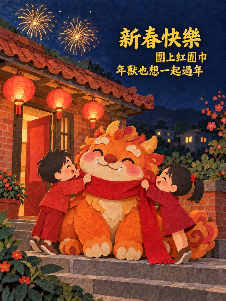 圍上紅圍巾的年獸。圖中文字：新春快樂，圍上紅圍巾，年獸也想一起過年