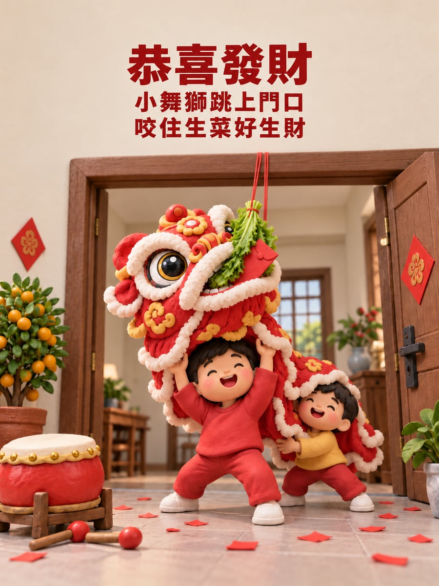 黏土小舞獅採青。圖中文字：恭喜發財，小舞獅跳上門口，咬住生菜好生財
