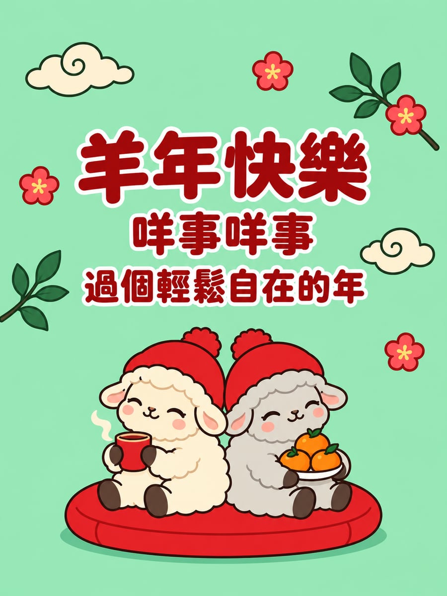 背靠背喝茶的兩隻小羊。圖中文字：羊年快樂，咩事咩事，過個輕鬆自在的年