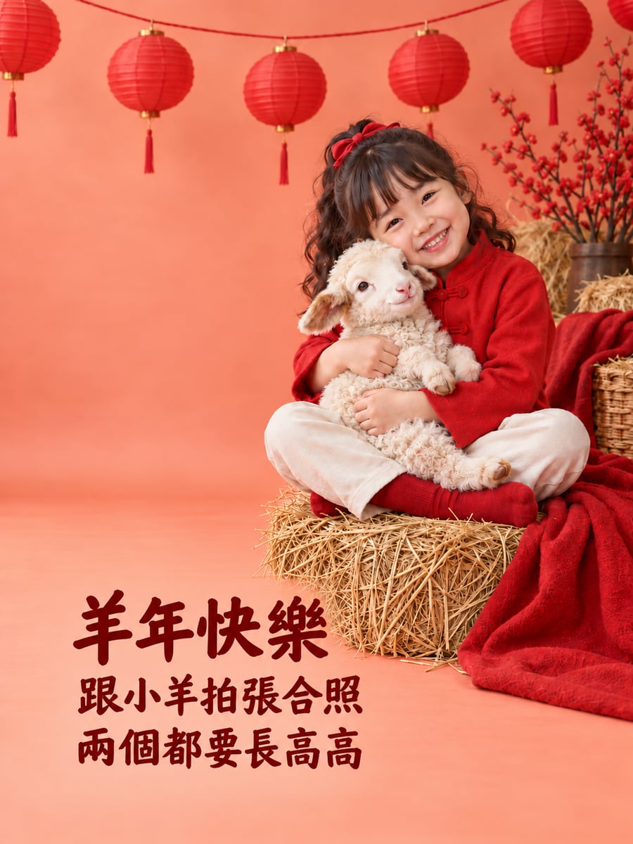 抱小羊拍新年寫真。圖中文字：羊年快樂，跟小羊拍張合照，兩個都要長高高