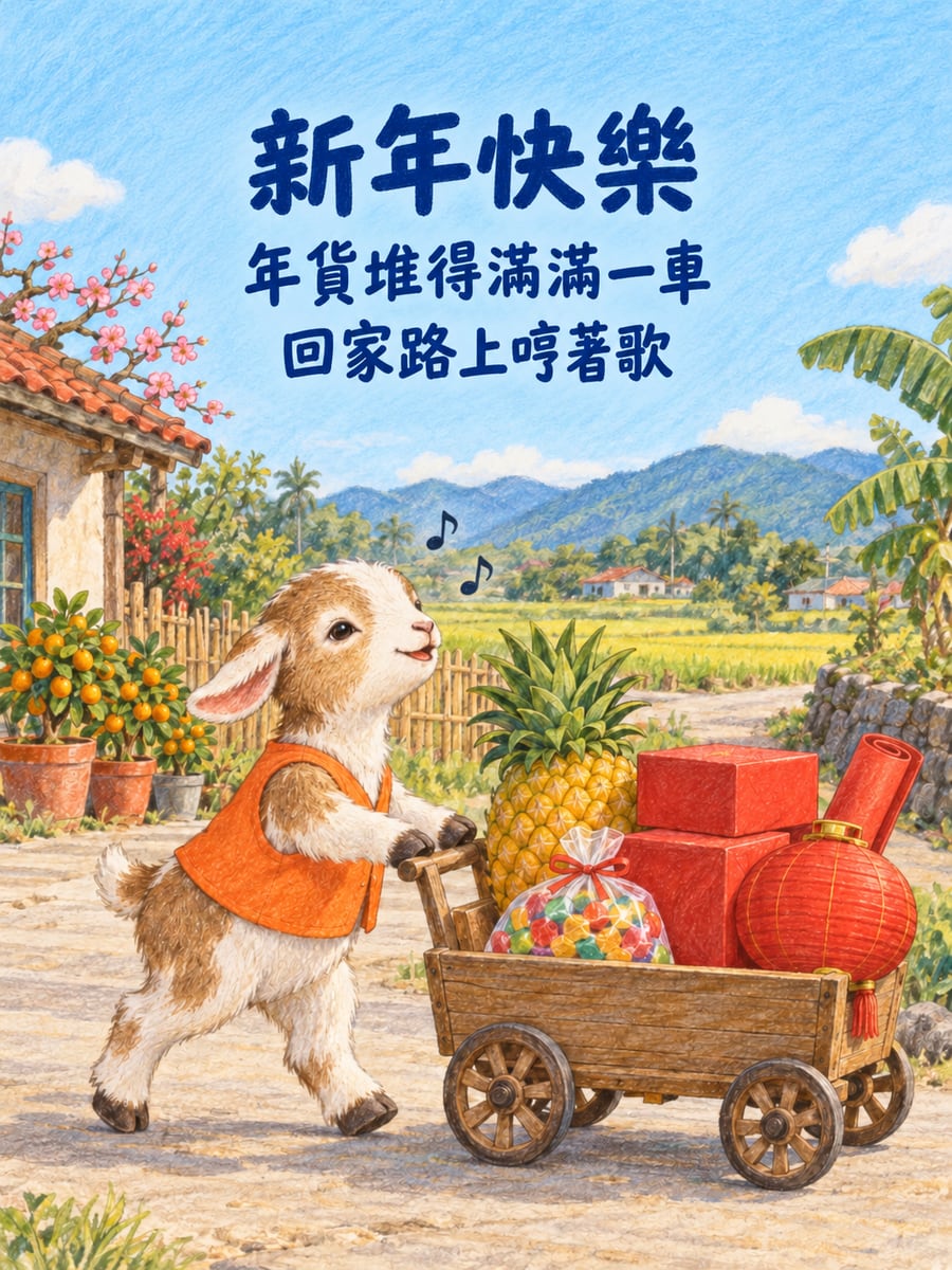 小山羊推車辦年貨。圖中文字：新年快樂，年貨堆得滿滿一車，回家路上哼著歌