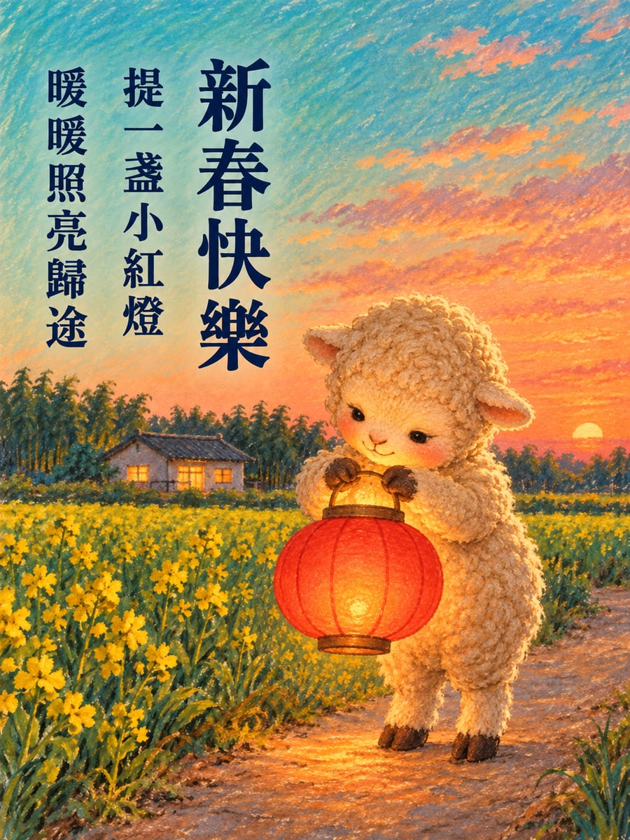 提燈籠的娃娃臉小羊。圖中文字：新春快樂，提一盞小紅燈，暖暖照亮歸途