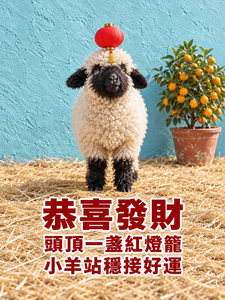 頭頂紅燈籠的黑鼻小羊。圖中文字：恭喜發財，頭頂一盞紅燈籠，小羊站穩接好運