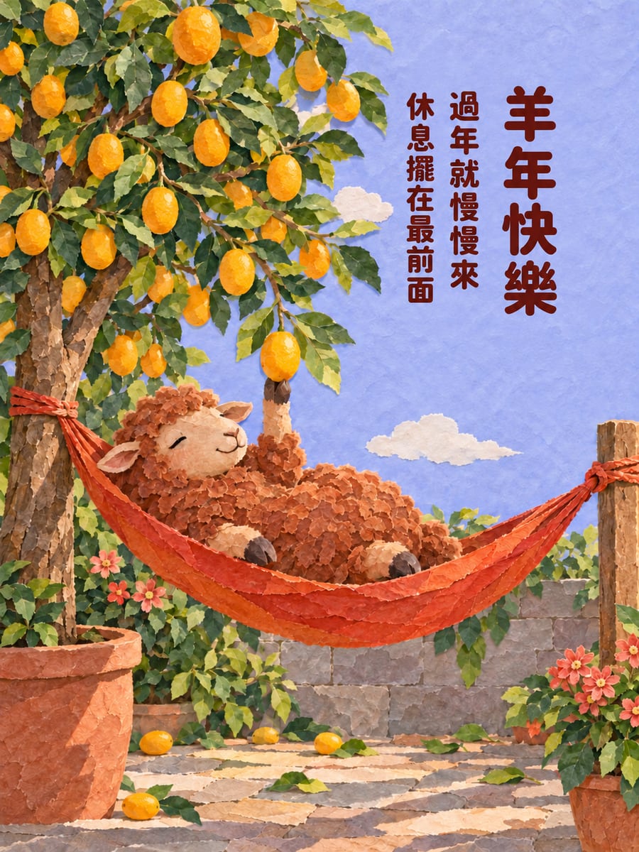 吊床上慢慢過年的小羊。圖中文字：羊年快樂，過年就慢慢來，休息擺在最前面