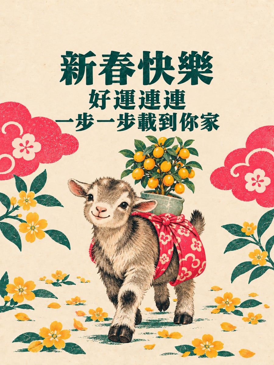 馱著金桔的小山羊。圖中文字：新春快樂，好運連連，一步一步載到你家