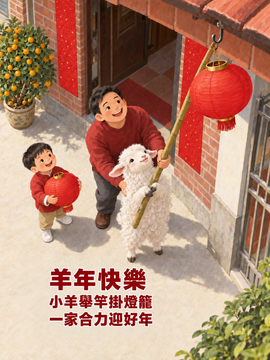 舉竹竿掛燈籠的小羊。圖中文字：羊年快樂，小羊舉竿掛燈籠，一家合力迎好年