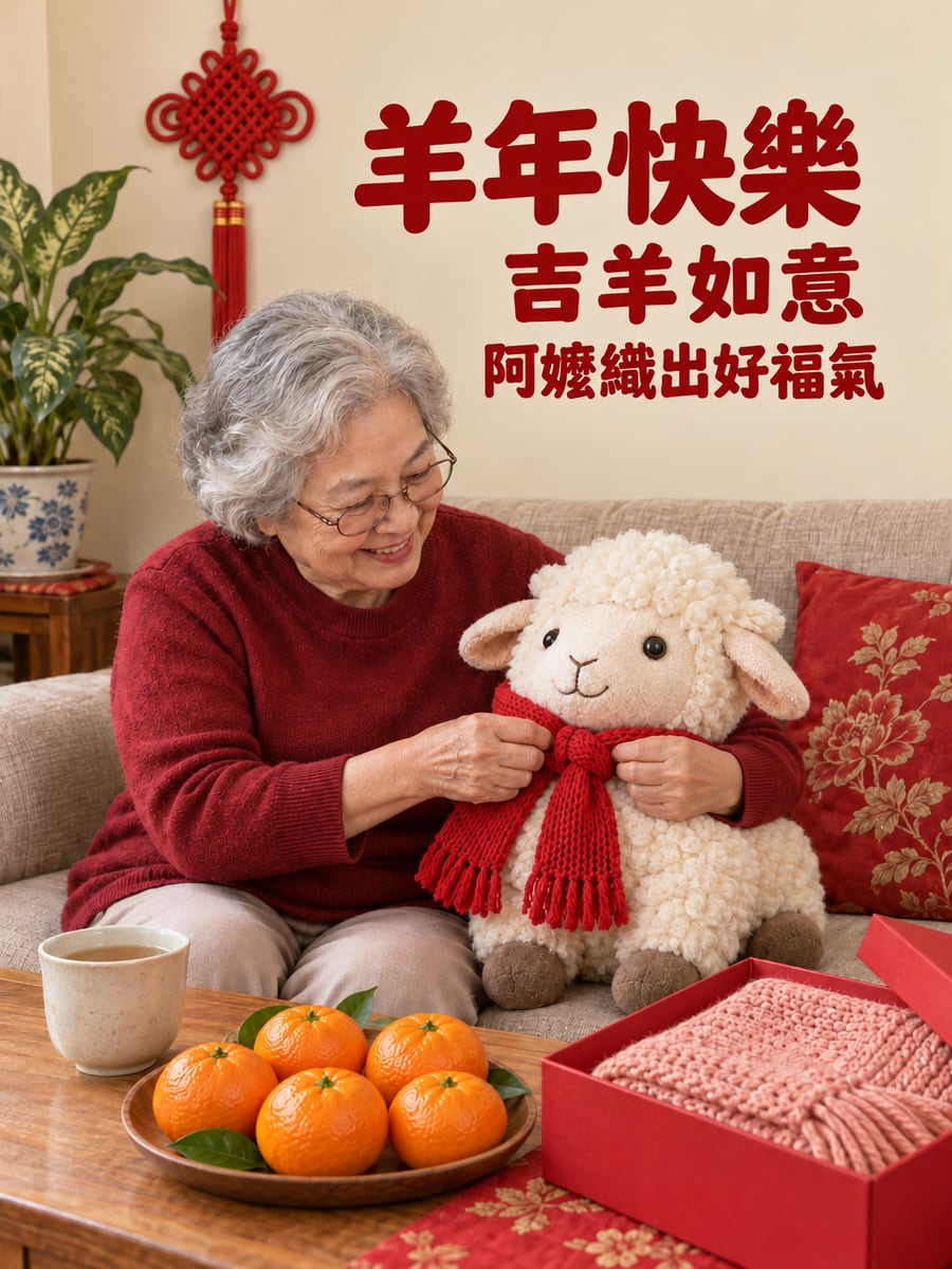 阿嬤織圍巾與綿羊布偶。圖中文字：羊年快樂，吉羊如意，阿嬤織出好福氣