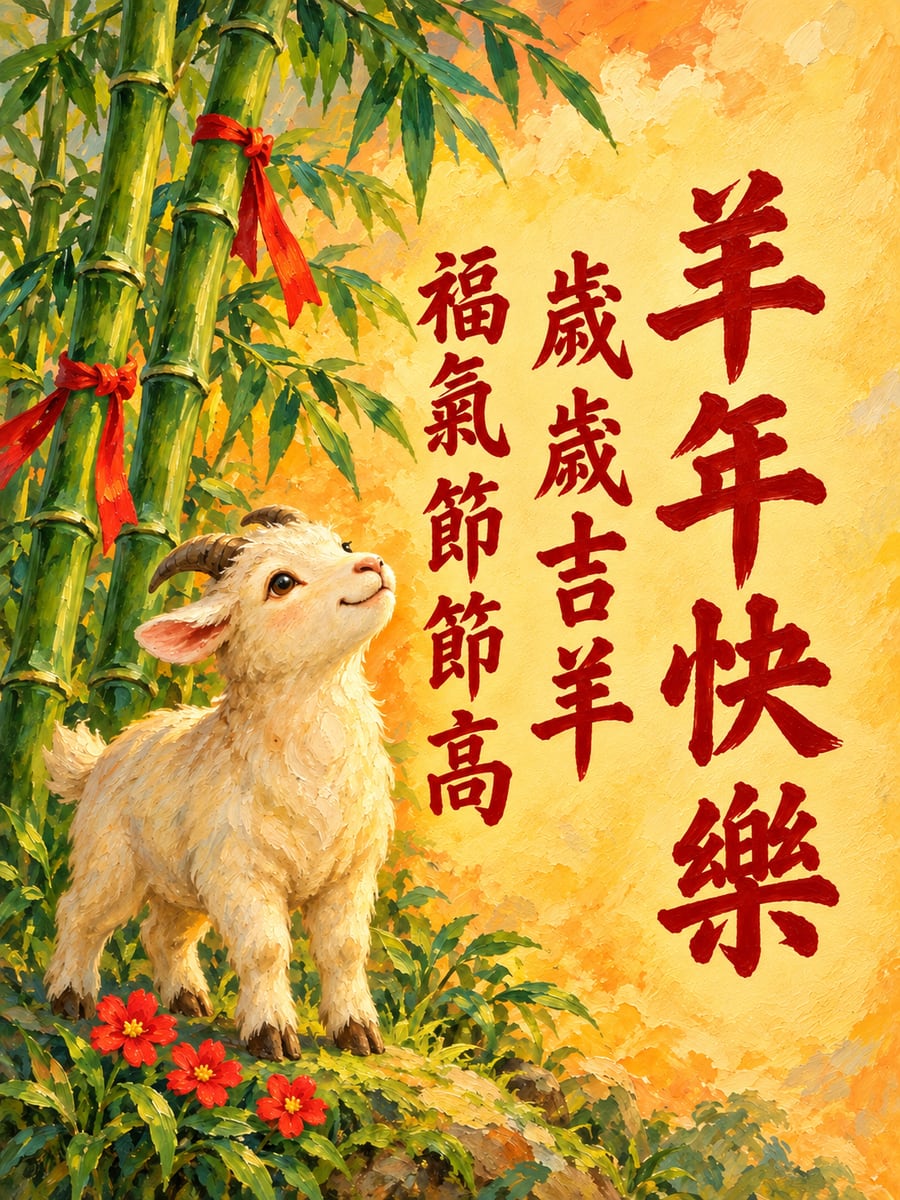 油畫竹叢旁的山羊。圖中文字：羊年快樂，歲歲吉羊，福氣節節高