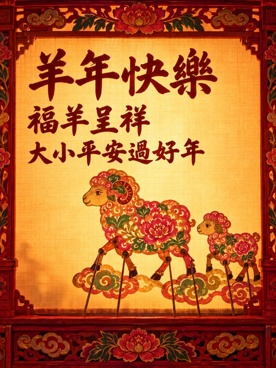 皮影戲裡的羊母子。圖中文字：羊年快樂，福羊呈祥，大小平安過好年