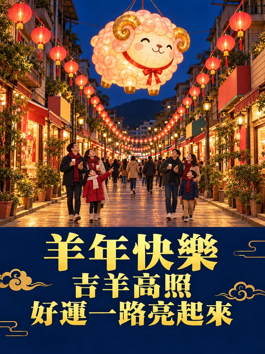 高掛的綿羊花燈。圖中文字：羊年快樂，吉羊高照，好運一路亮起來