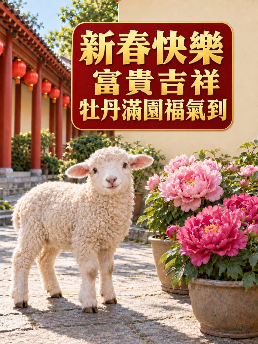 牡丹庭園裡的小羊。圖中文字：新春快樂，富貴吉祥，牡丹滿園福氣到