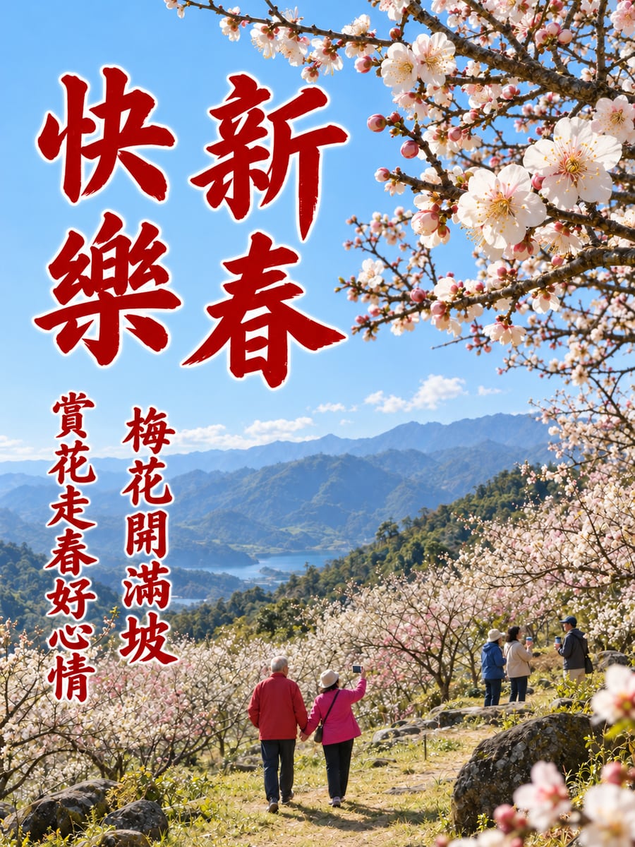 南投梅園走春。圖中文字：新春快樂，梅花開滿坡，賞花走春好心情