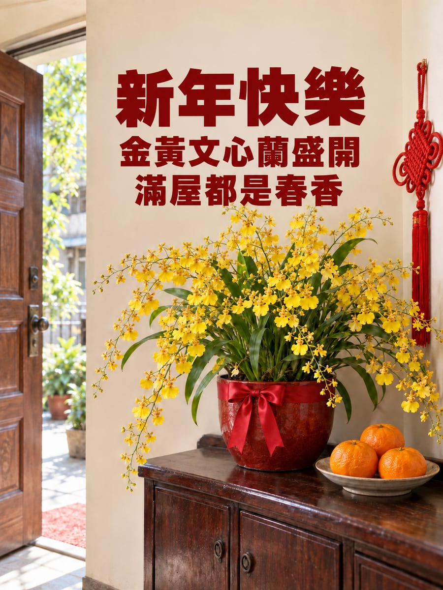 玄關盛開的文心蘭。圖中文字：新年快樂，金黃文心蘭盛開，滿屋都是春香