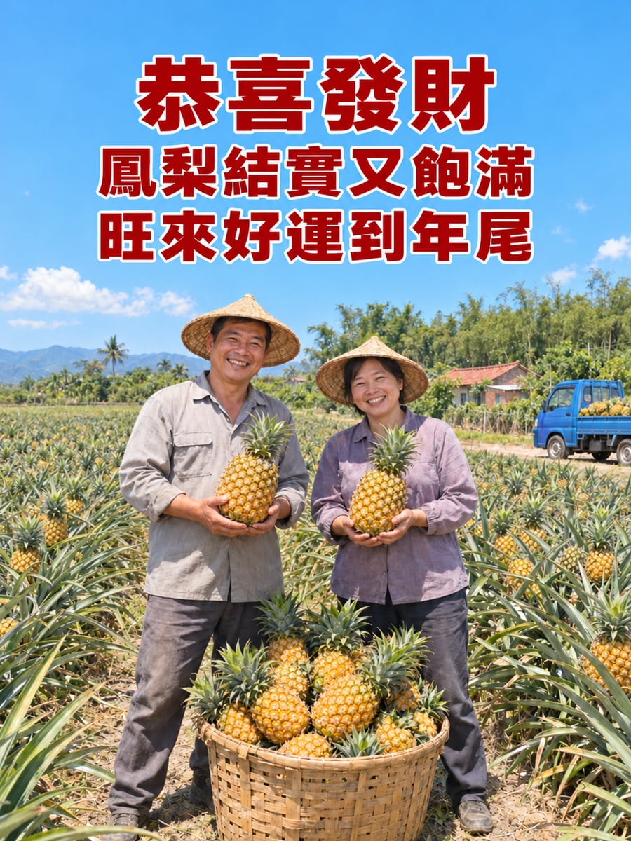 鳳梨田採收旺來。圖中文字：恭喜發財，鳳梨結實又飽滿，旺來好運到年尾