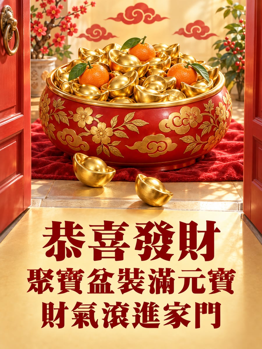 聚寶盆裝滿元寶。圖中文字：恭喜發財，聚寶盆裝滿元寶，財氣滾進家門