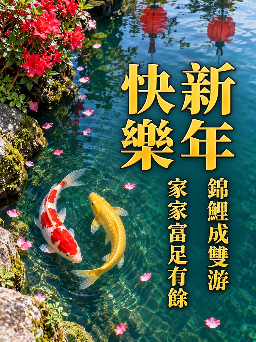 倒映燈籠的錦鯉池。圖中文字：新年快樂，錦鯉成雙游，家家富足有餘