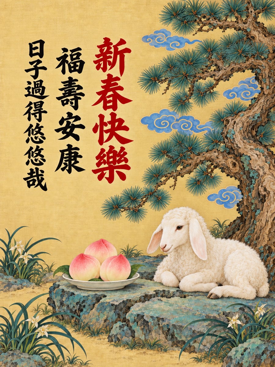 松下小羊與壽桃。圖中文字：新春快樂，福壽安康，日子過得悠悠哉