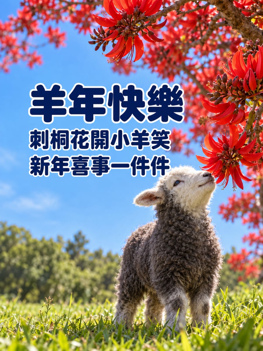 刺桐花下的小羊。圖中文字：羊年快樂，刺桐花開小羊笑，新年喜事一件件