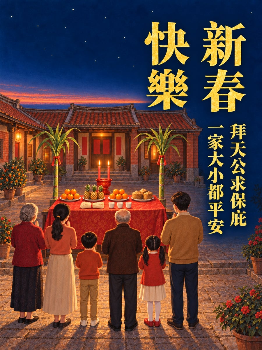 膠彩三合院拜天公。圖中文字：新春快樂，拜天公求保庇，一家大小都平安