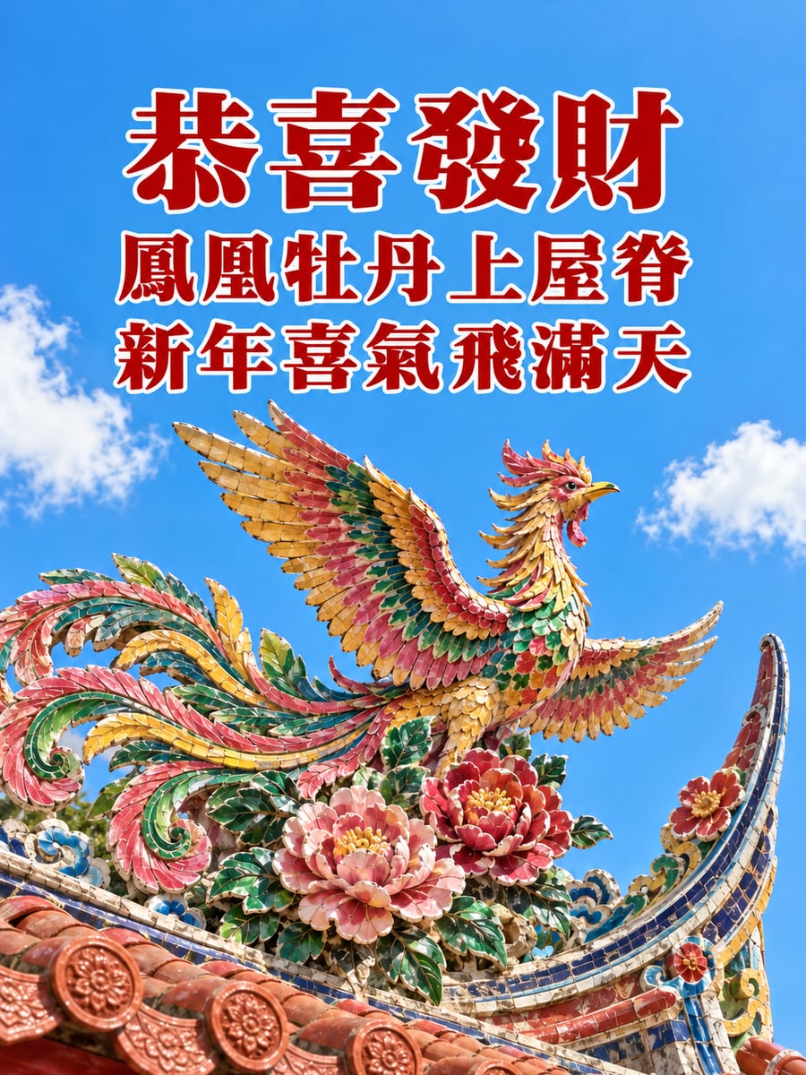 剪黏鳳凰與牡丹。圖中文字：恭喜發財，鳳凰牡丹上屋脊，新年喜氣飛滿天