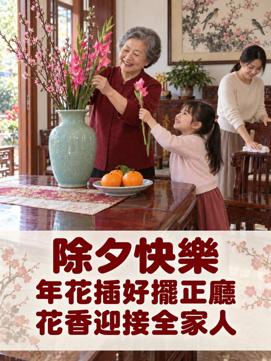 阿嬤除夕插年花。圖中文字：除夕快樂，年花插好擺正廳，花香迎接全家人