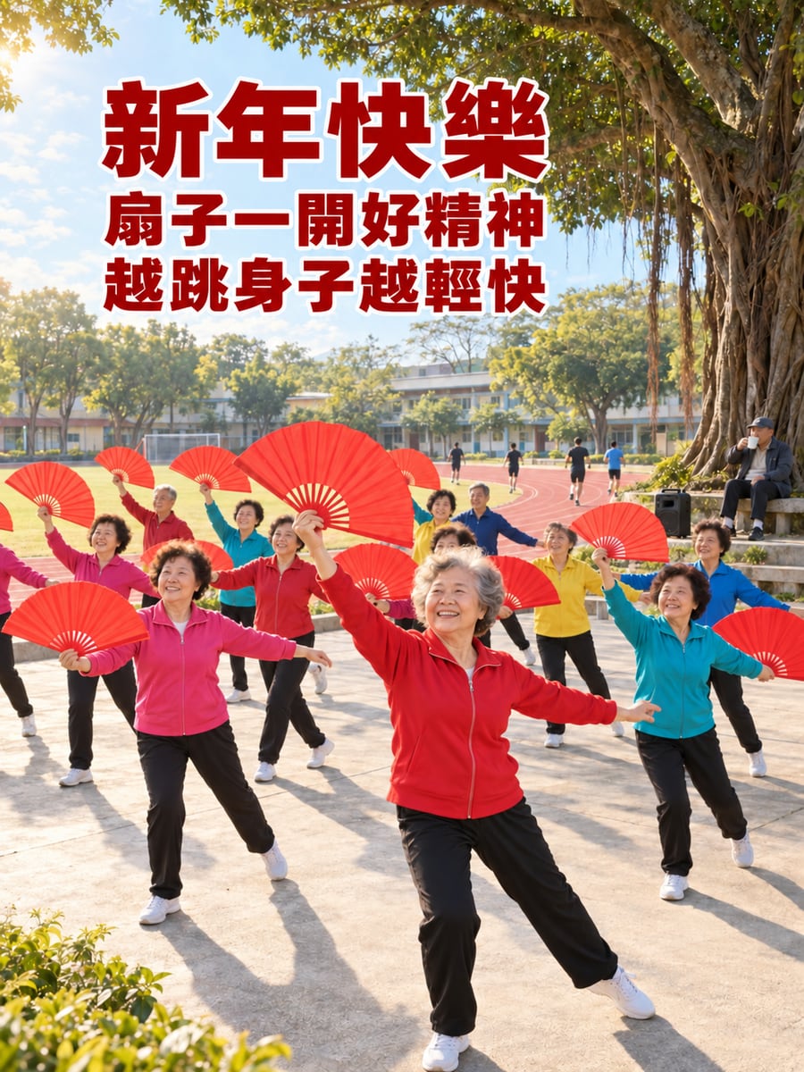 操場晨光紅扇舞。圖中文字：新年快樂，扇子一開好精神，越跳身子越輕快